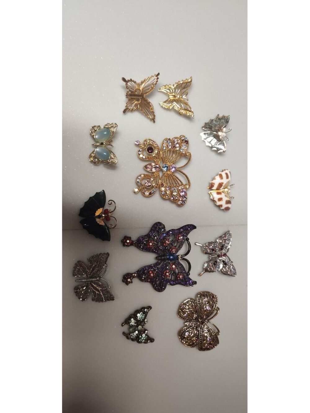 Vintage Estate Butterfly Brooch Lot 12 Rhinestone Filigree Shell Mixed Pins